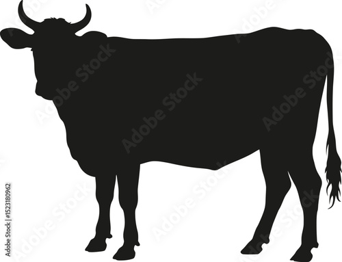A silhouette of a cow standing on a white background in full profile view