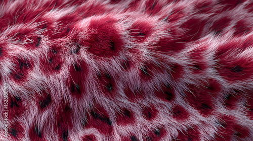 A close-up captures the rich texture and unique pattern of the vibrant burgundy and white spotted fur. This photograph highlights the intricate details of the luxurious material.