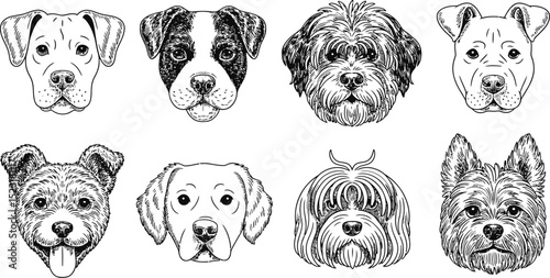Illustration of eight different dog breeds heads in a black and white style