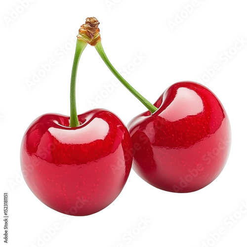 Two vibrant red cherries with stems are connected, showcasing their glossy texture and fresh appearance. cherries are isolated transparency background, highlighting their rich color and natural