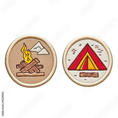 Two embroidered patches feature camping themes one with campfire and mountain, other with red and yellow tent. Both have circular design with beige backgrounds