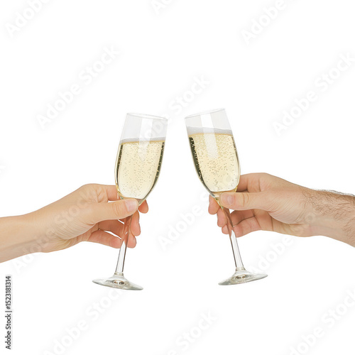 Two hands clinking champagne glasses in celebratory toast, with bubbles rising in sparkling wine. image conveys sense of joy and celebration