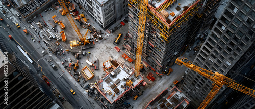Aerial View Of Busy Construction Site In Urban City