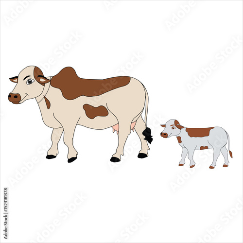 Cartoon Vector cow isolated on white background - dairy products, farming. 
Cow standing with her cute child . 