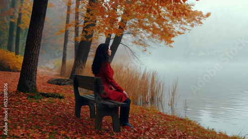woman in orange coat sitting in melancholy on a bench by the lake on a foggy autumn day