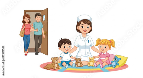 Professional Female Babysitter Nurse Caring for Children at Home Vector Illustration