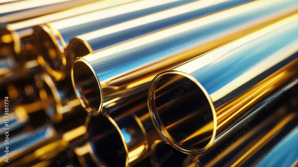 Naklejka premium Shiny metal tubes reflecting sunlight stacked elegantly in warehouse/store