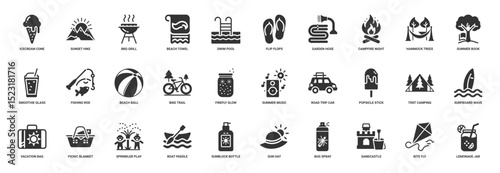 summer-themed icons recreational activities gear treats nature-related elements for outdoor enjoyment