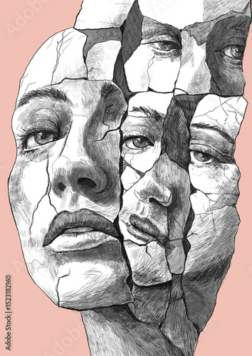 Surreal black and white pencil illustration of a human face fragmented into multiple overlapping expressions, set against a soft pink background. Identity, mental health. Cracked porcelain-like art