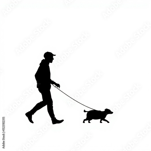 Silhouette of a man wearing a cap and hoodie walking a dog on a leash against a white background created with generated ai