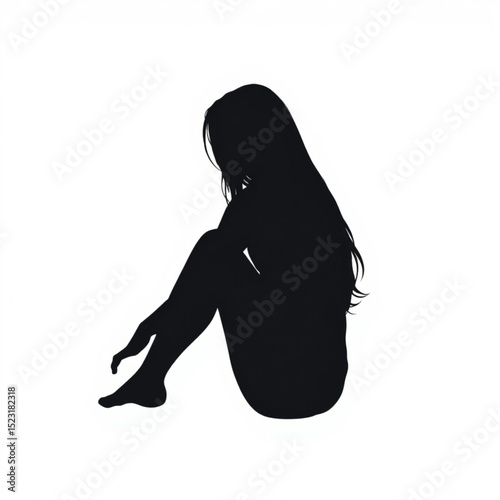 Silhouette of a woman sitting with knees up and long hair flowing down on a white background art created with generated ai