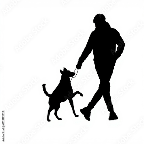 Silhouette of a person walking a dog on a leash with the dog lifting its paw in the air on white background created with generated ai