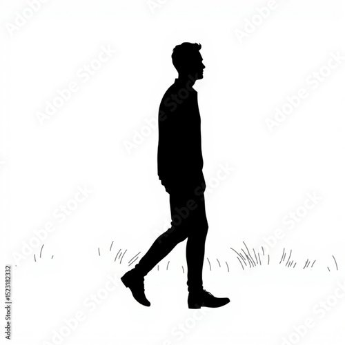 Silhouette of a man walking in a field with grass visible on the ground in a black and white image created with generated ai