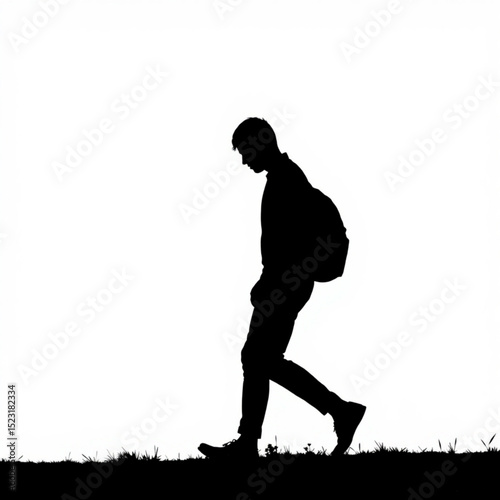 Silhouette of a person with a backpack walking on grass against a bright white background outdoors created with generated ai