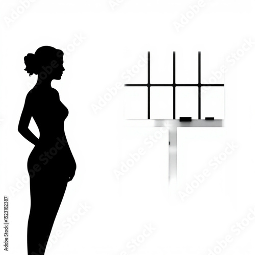 Silhouette of a woman standing near a window with a grid pattern in a minimalist black and white scene created with generated ai