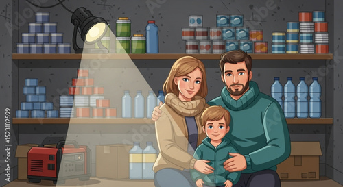  Parents and Child in Safe Room – Family Underground Shelter with Emergency Supplies – Vector Art
