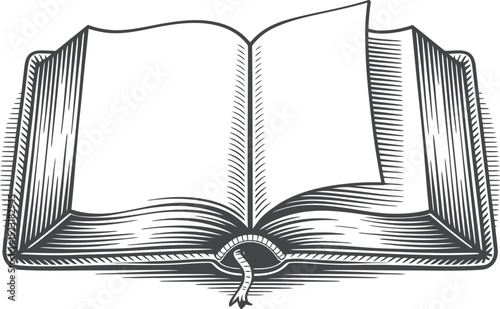 Illustration of an open book with blank pages and a ribbon bookmark detail