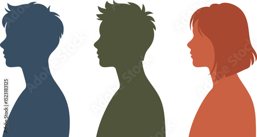 Three stylized silhouette portraits of people with different hairstyles facing left