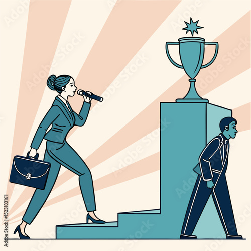 Businesswoman ascending stairs to success