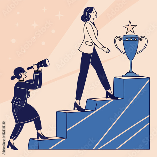 Businesswoman ascending to success trophy career growth minimalist line art illustration