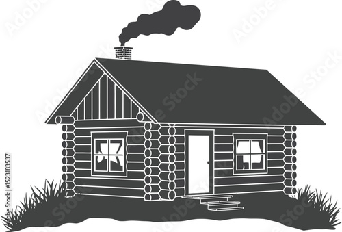 A grayscale image of a log cabin with smoke coming from the chimney top