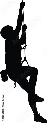 Silhouette of a climber ascending a rope with safety gear against white back