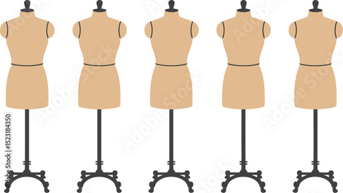 Five dress forms on stands in a row against a plain white background view