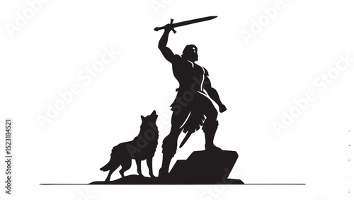 Silhouette of a muscular warrior raising a sword with a wolf standing beside him on a rocky outcrop created with generated ai