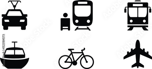 Iconography of various transportation methods including car train bus boat plane bike
