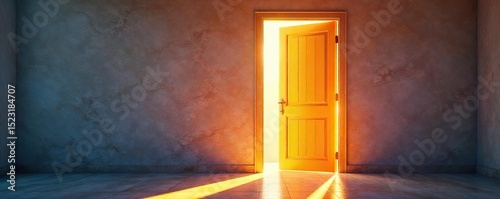 A brightly lit doorway with an open door, inviting and welcoming, sunshine streaming in, suggesting new beginnings and opportunity , accessibility, interior