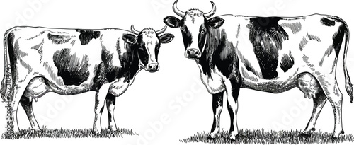 Two black and white cows standing in grass in a detailed ink drawing style