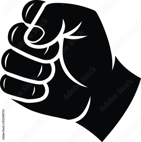 A black fist clenched tightly against a stark white background illustration