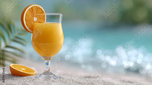 A refreshing orange juice cocktail on a sunny beach, inviting viewers to savor the tropical vacation. A radiant beverage, a slice of paradise, where natural goodness meets visual delight.