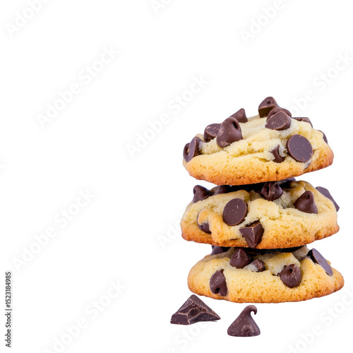 Three delicious chocolate chip cookies are stacked with chocolate pieces scattered around, showcasing tempting treat. cookies have golden brown color and are filled with rich chocolate chips