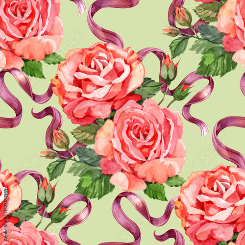 Red Roses watercolor seamless pattern. Vintage style hand drawn pattern.