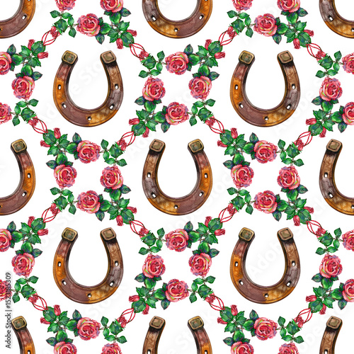 Horseshoe and watercolor flowers seamless pattern. Painted rose flowers. Lucky symbol, four leaves hand drawn. St. Patrick day decoration, springtime textile, paper