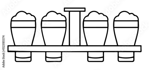 Row of beer glasses with foam on a tray, minimalistic design for bar and beverage concept