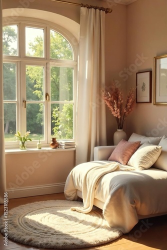 A cozy, sunlit room with plush textiles, soft lighting, and a comfortable atmosphere exuding feelings of warmth and tranquility; perfect for relaxation and self-care , clean, quiet, warmth