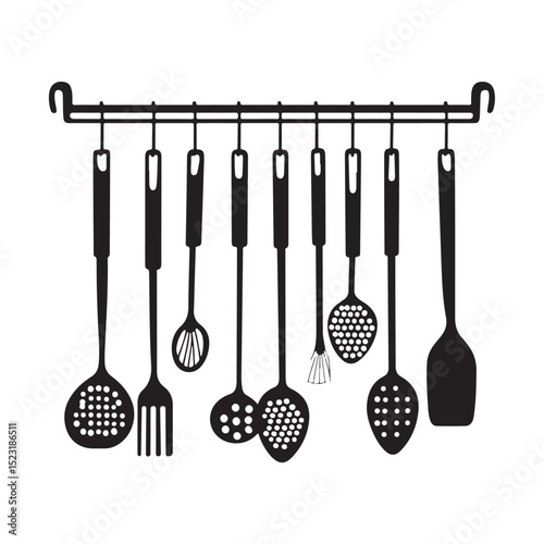 A vector clip art set of kitchen utensil silhouettes in black on a white background.
