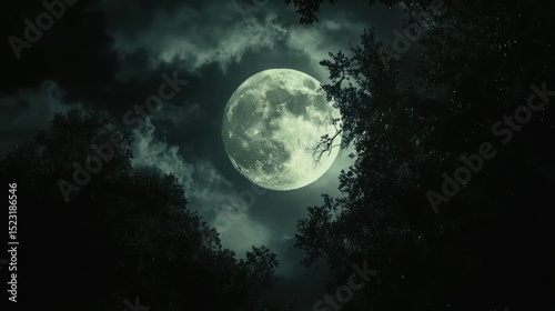 Full moon behind dark trees at night