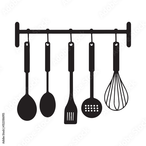 A vector clip art set of kitchen utensil silhouettes in black on a white background.