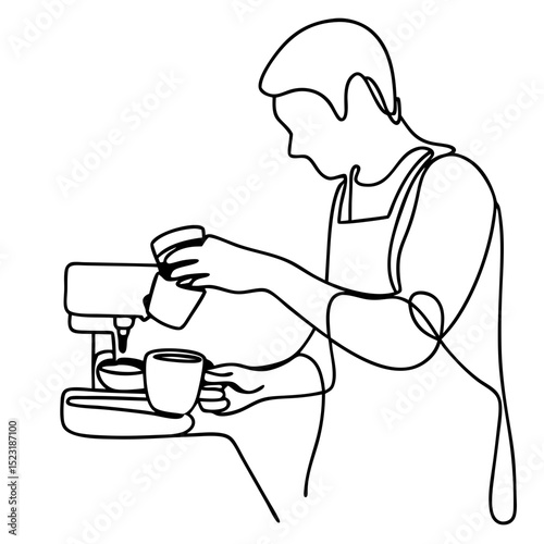 Barista making coffee in cafe using espresso machine. Skilled barista pours milk into coffee cup. Stylish coffee shop concept for menu design or social media promotion.