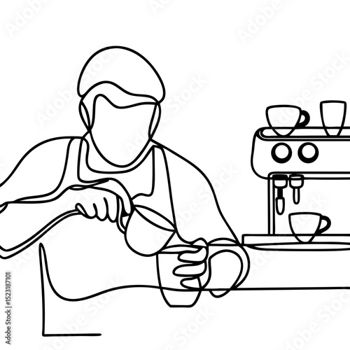 Barista making coffee using espresso machine. Skilled barista pours milk into coffee cup. Professional barista prepares delicious coffee drink for customer.