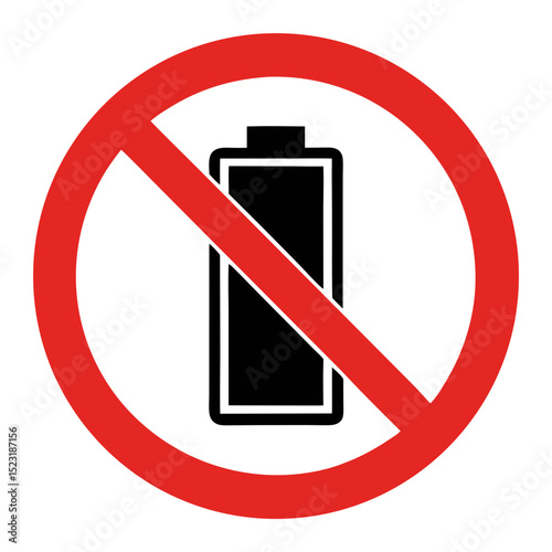 No battery allowed sign. Red circle with crossed-out battery icon indicates prohibition.  This no battery symbol is perfect for warning signs, safety instructions, and informational graphics.