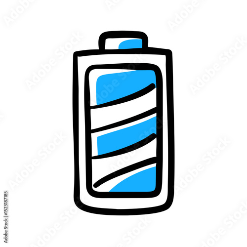 Hand drawn battery icon with blue energy level indicator. Simple battery charge illustration perfect for app interface design.