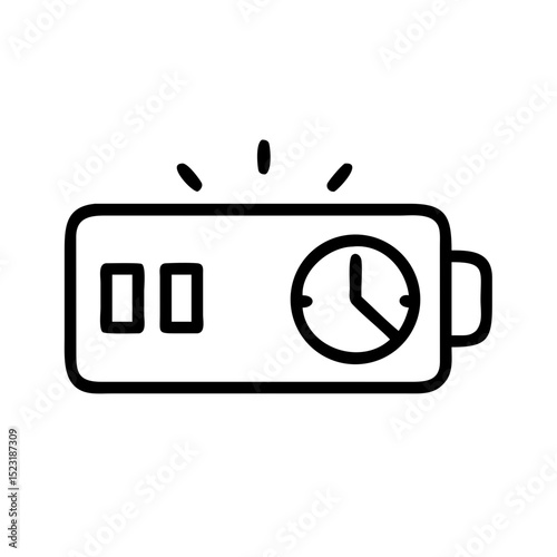 Rechargeable battery icon with time symbol. Battery life indicator shows charging time.  Power supply concept for mobile app, website design, or infographic.