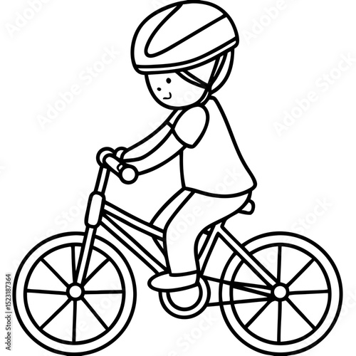 Child riding bicycle wearing helmet. Happy kid enjoys cycling outdoors.  Illustration of child on bike perfect for children's books, educational materials, and safety posters.