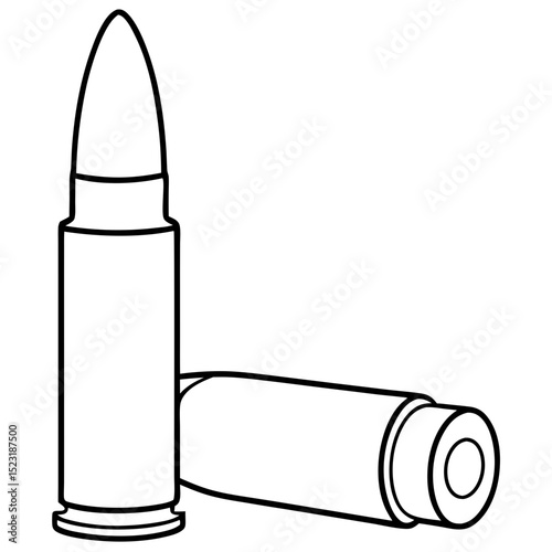 Bullet ammunition cartridge case. Close-up detailed image of firearm bullet cartridges. Ammunition graphic for military, hunting, or shooting range safety training.