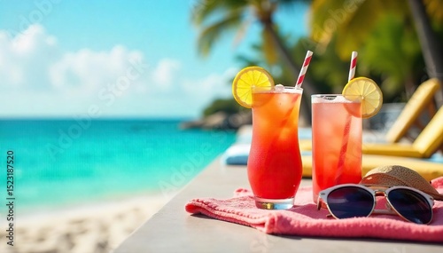 A vibrant summer scene featuring refreshing cocktails, sunglasses, and beach towels on a sun-drenched patio, perfect for a summer campaign , outdoor, getaway, vacation