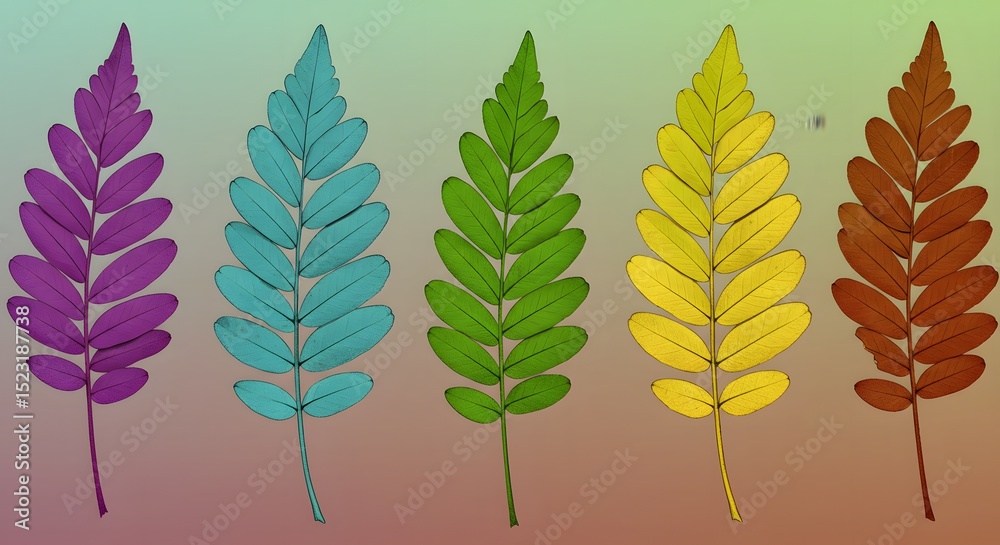 Obraz premium Colorful Leaves Illustration: Gradient Ferns in Rainbow Colors - Nature, Design, and Autumn Concepts